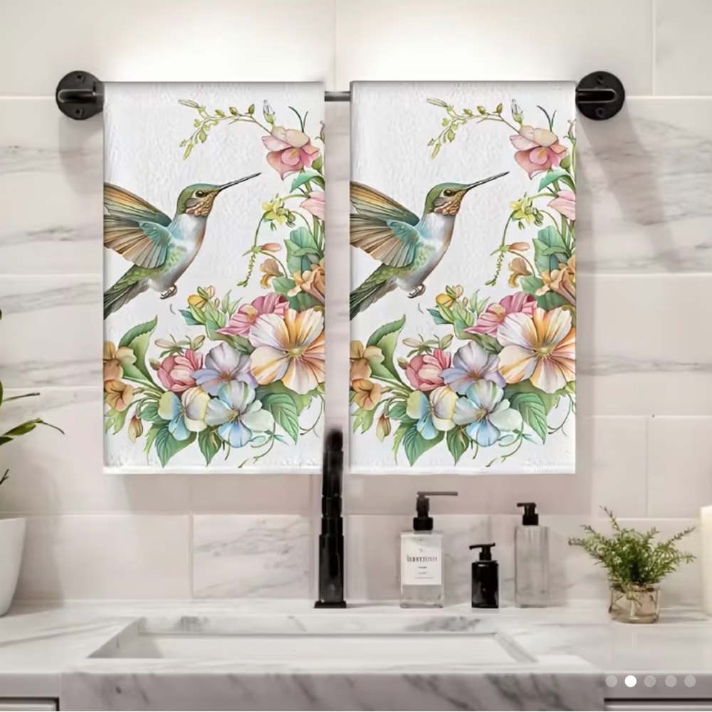 2pcs Kitchen or bathroom hand Towel hummingbird & floral design cottagecore